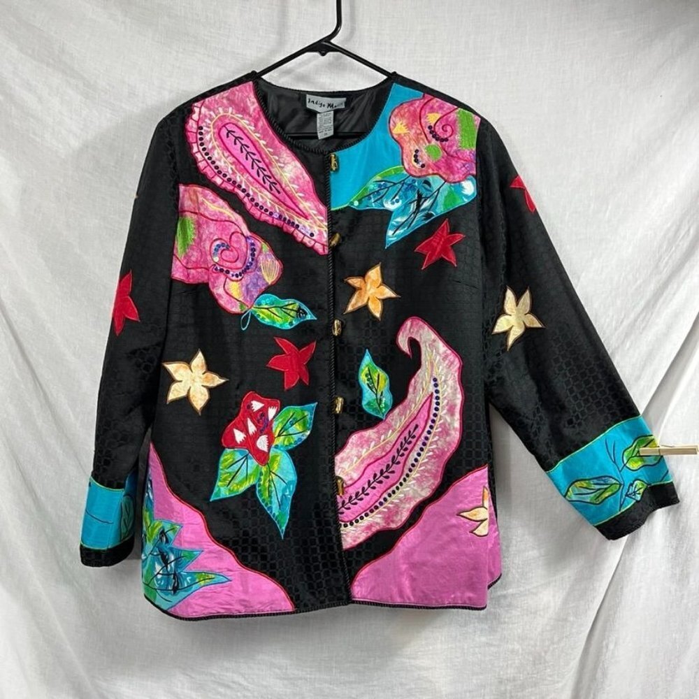 Indigo Moon Applique Embroidered Jacket Women 1X Plus Size Art To Wear Paisley